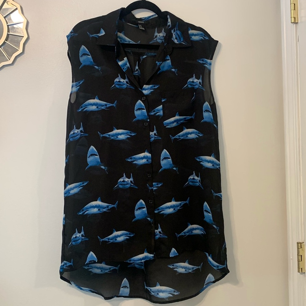 Shark print sleeveless button up shirt / mini-dress with collar and chest pocket